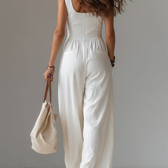 White sleeveless wide-leg women's jumpsuit with patch pockets, stylish and comfortable pants by My Store.