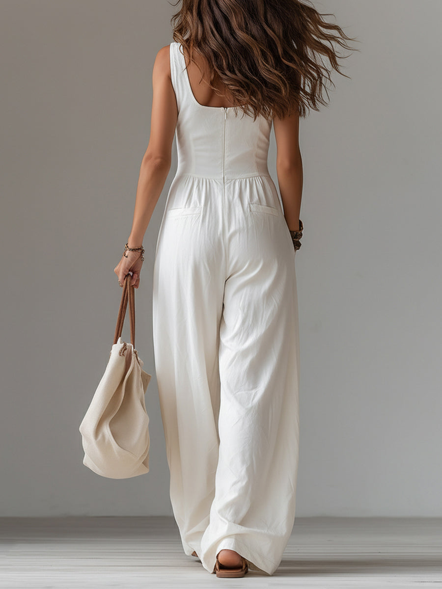 White sleeveless wide-leg women's jumpsuit with patch pockets, stylish and comfortable pants by My Store.