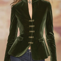 Dark green velvet blazer for women with gold button details, stylish jacket from My Store's Jackets & Blazers collection.