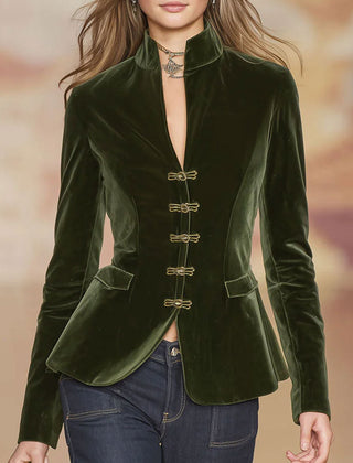 Dark green velvet blazer for women with gold button details, stylish jacket from My Store's Jackets & Blazers collection.