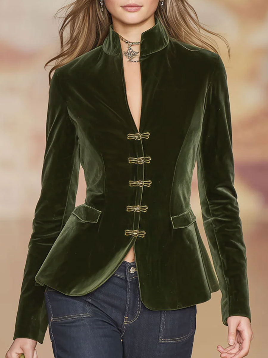 Dark green velvet blazer for women with gold button details, stylish jacket from My Store's Jackets & Blazers collection.