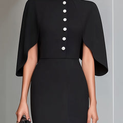 Black cape-sleeve midi sheath dress, elegant cocktail dress by My Store, shown on a model with stylish accessories.