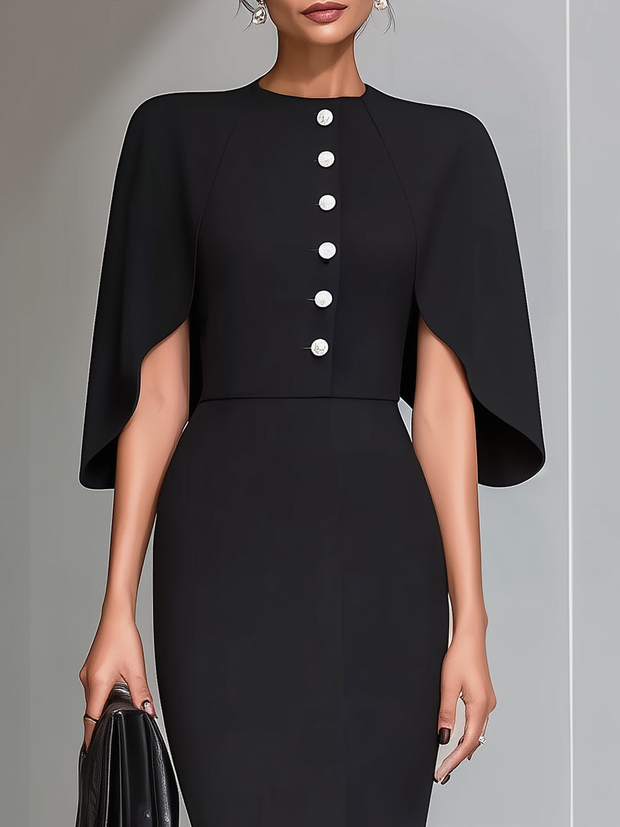 Black cape-sleeve midi sheath dress, elegant cocktail dress by My Store, shown on a model with stylish accessories.