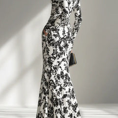 Black and white color-blocked printed long-sleeve maxi dress with pocket, slim fit, and pleated design by My Store