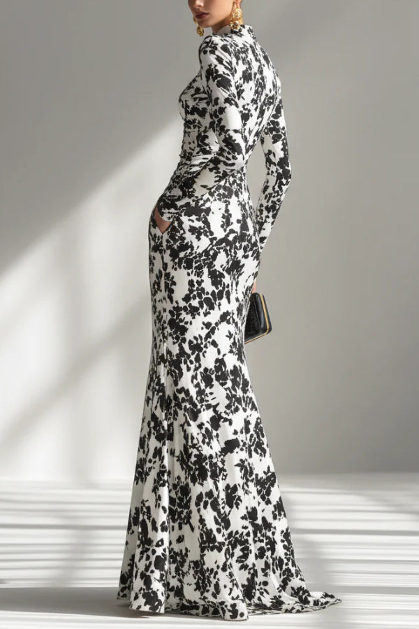 Black and white color-blocked printed long-sleeve maxi dress with pocket, slim fit, and pleated design by My Store