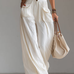 White sleeveless wide-leg jumpsuit with patch pockets for women, stylish and comfortable pants from My Store.