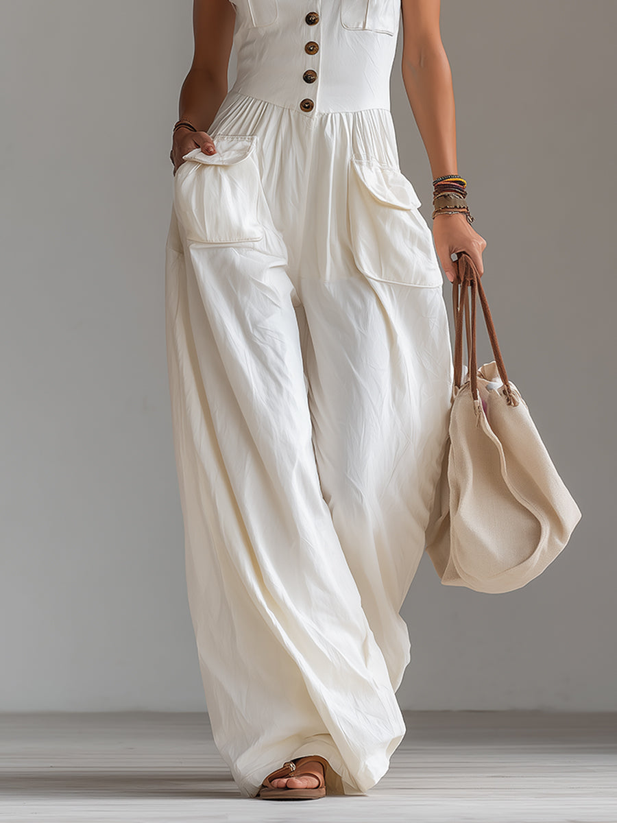 White sleeveless wide-leg jumpsuit with patch pockets for women, stylish and comfortable pants from My Store.