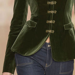 Dark green velvet blazer for women with gold buttons, stylish jacket from the Jackets & Blazers category.