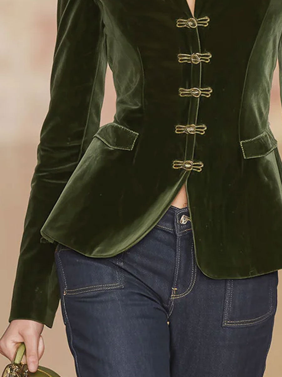 Dark green velvet blazer for women with gold buttons, stylish jacket from the Jackets & Blazers category.
