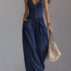 White sleeveless wide-leg jumpsuit for women with patch pockets, stylish and comfortable pants from My Store.