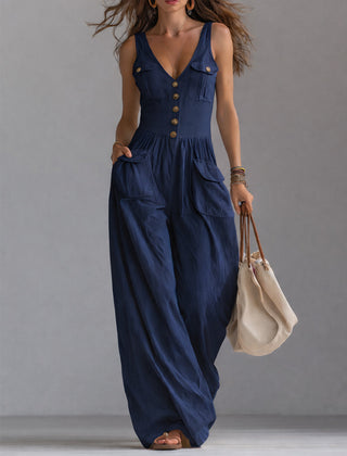 White sleeveless wide-leg jumpsuit for women with patch pockets, stylish and comfortable pants from My Store.