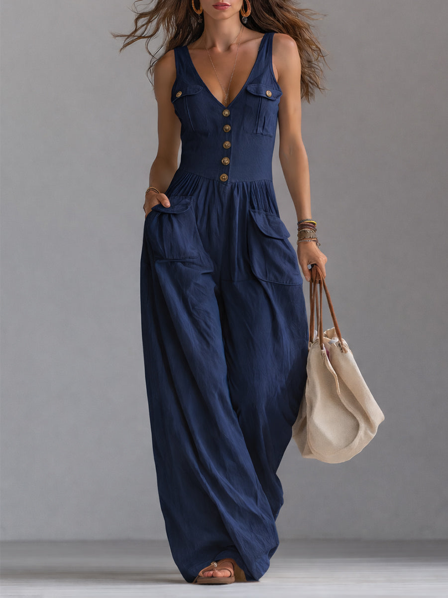 White sleeveless wide-leg jumpsuit for women with patch pockets, stylish and comfortable pants from My Store.