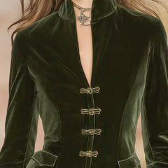 Dark green velvet blazer for women with gold buttons, stylish jacket featuring a tailored fit and luxurious fabric.