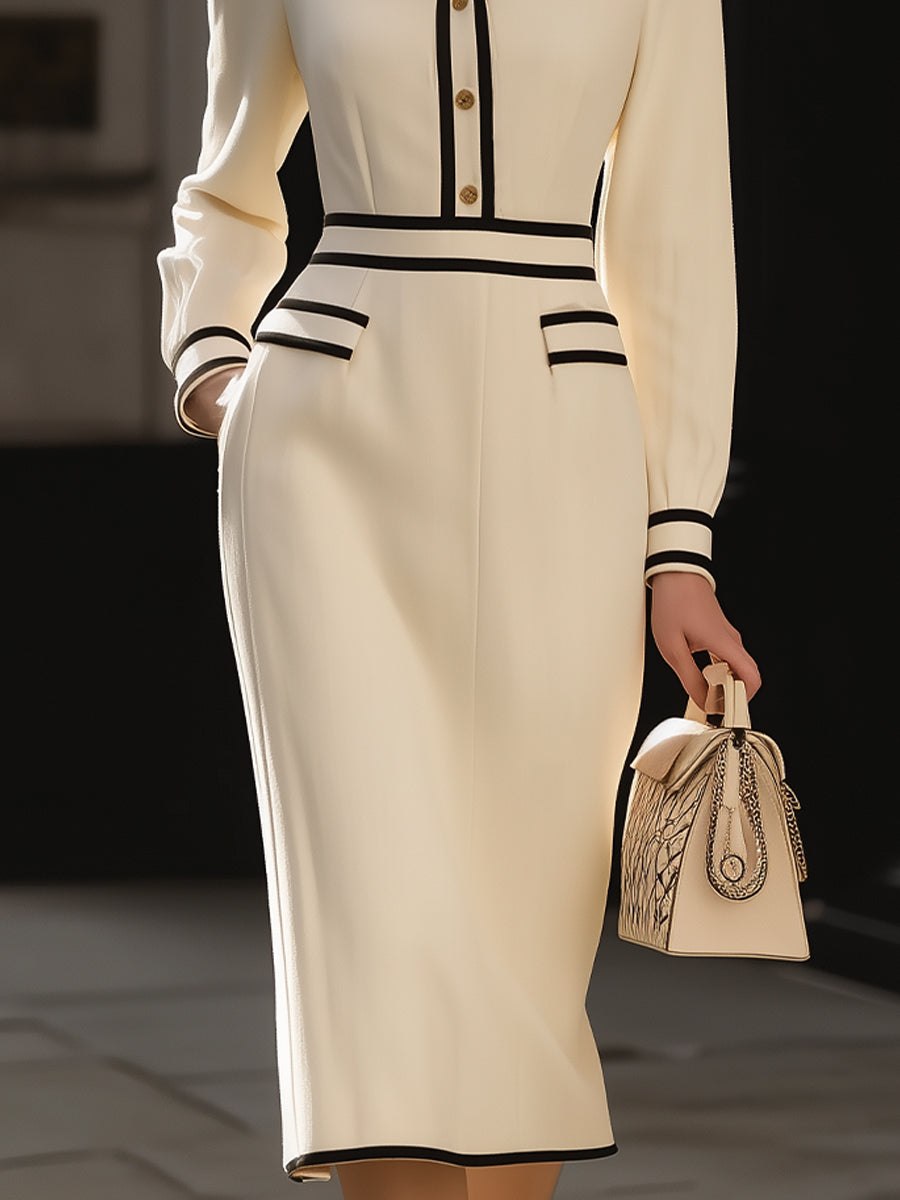 Contrast-trim midi dress by Tammy Bradley featuring button details, tailored for women, shown on a model.