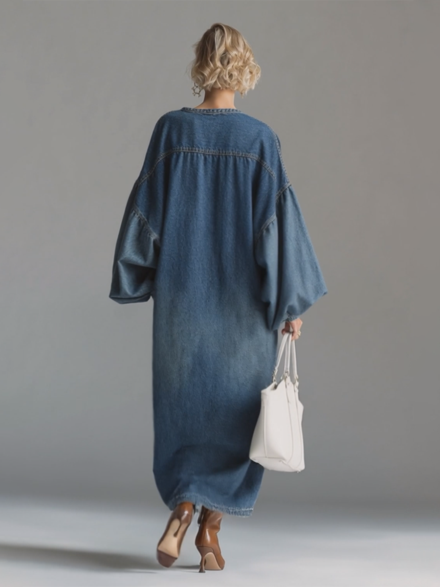 Blue denim maxi dress from My Store featuring a flowing silhouette and casual yet elegant style, perfect for evening wear.