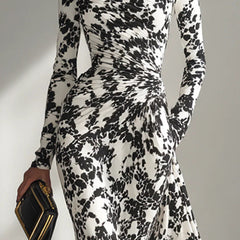 Black and white color-blocked printed long-sleeve maxi dress with pockets, slim fit, pleated design, from My Store.