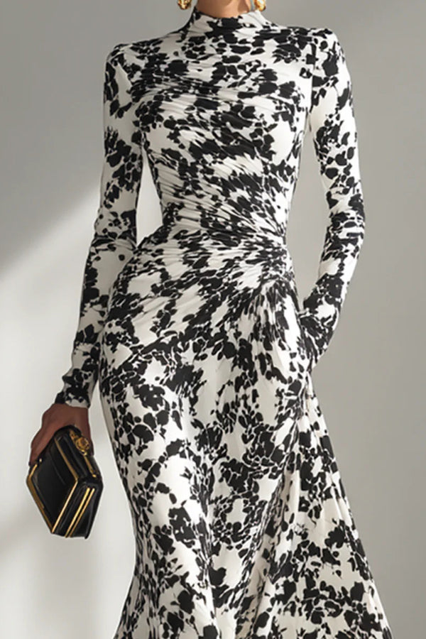 Black and white color-blocked printed long-sleeve maxi dress with pockets, slim fit, pleated design, from My Store.