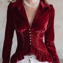 Red velvet pleated ruffled long sleeve blouse from My Store, featuring a stylish design with ruffles and pleats on the sleeves.