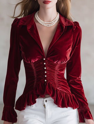 Red velvet pleated ruffled long sleeve blouse from My Store, featuring a stylish design with ruffles and pleats on the sleeves.