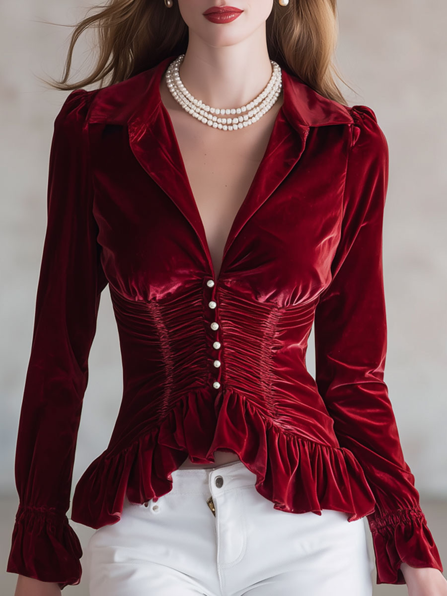 Red velvet pleated ruffled long sleeve blouse from My Store, featuring a stylish design with ruffles and pleats on the sleeves.