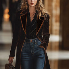 Brown velvet colour-block lapel coat with pockets, stylish and warm, from My Store, shown on a hanger.
