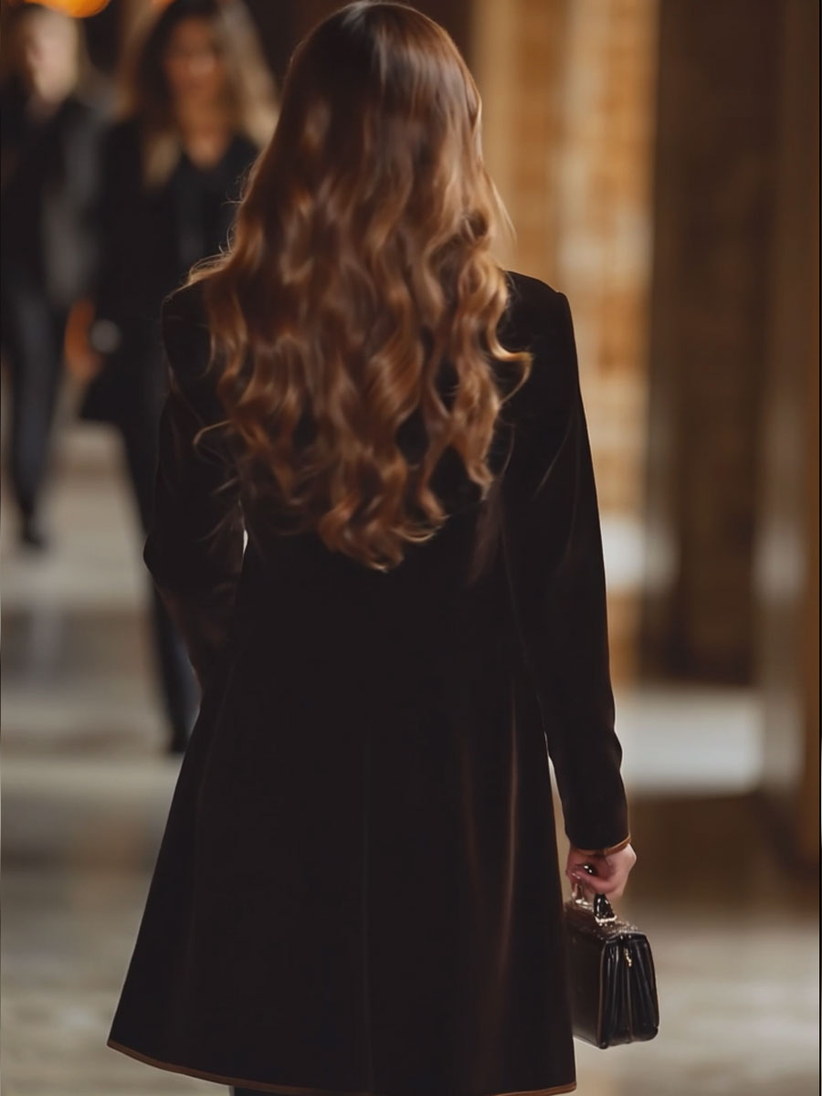 Brown velvet colour-block lapel coat with pockets, stylish and warm, featuring a tailored fit and contrasting details.