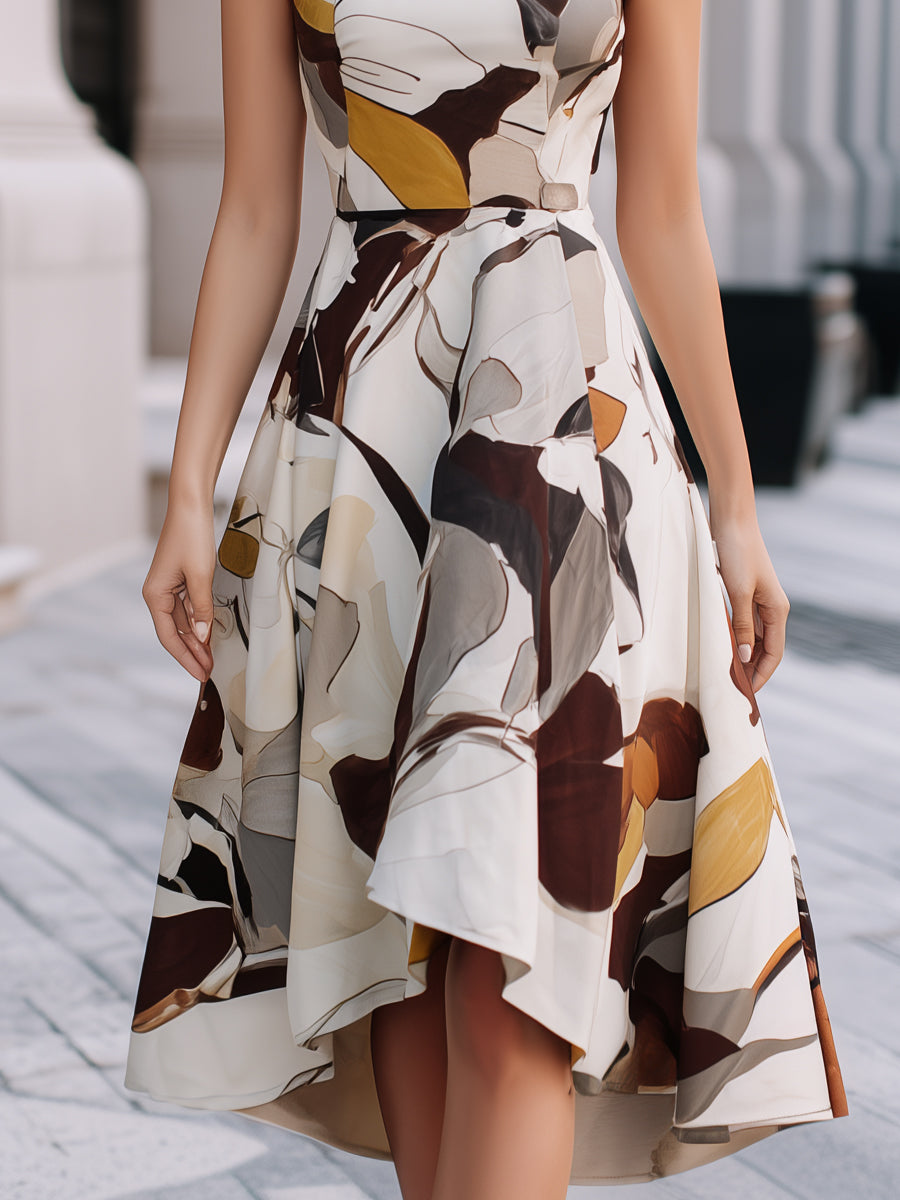 Abstract floral sleeveless fit and flare midi dress from My Store, featuring a vibrant floral pattern and a flattering silhouette.