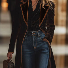 Brown velvet colour-block lapel coat with pockets, stylish women's coat featuring a tailored fit and contrasting fabric details.