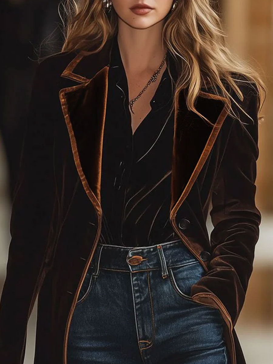 Brown velvet colour-block lapel coat with pockets, stylish and cozy outerwear by My Store.