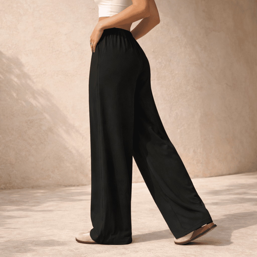 Women's wide-leg drawstring lounge trousers by Tammy Bradley, showing soft fabric and relaxed fit with adjustable waist.