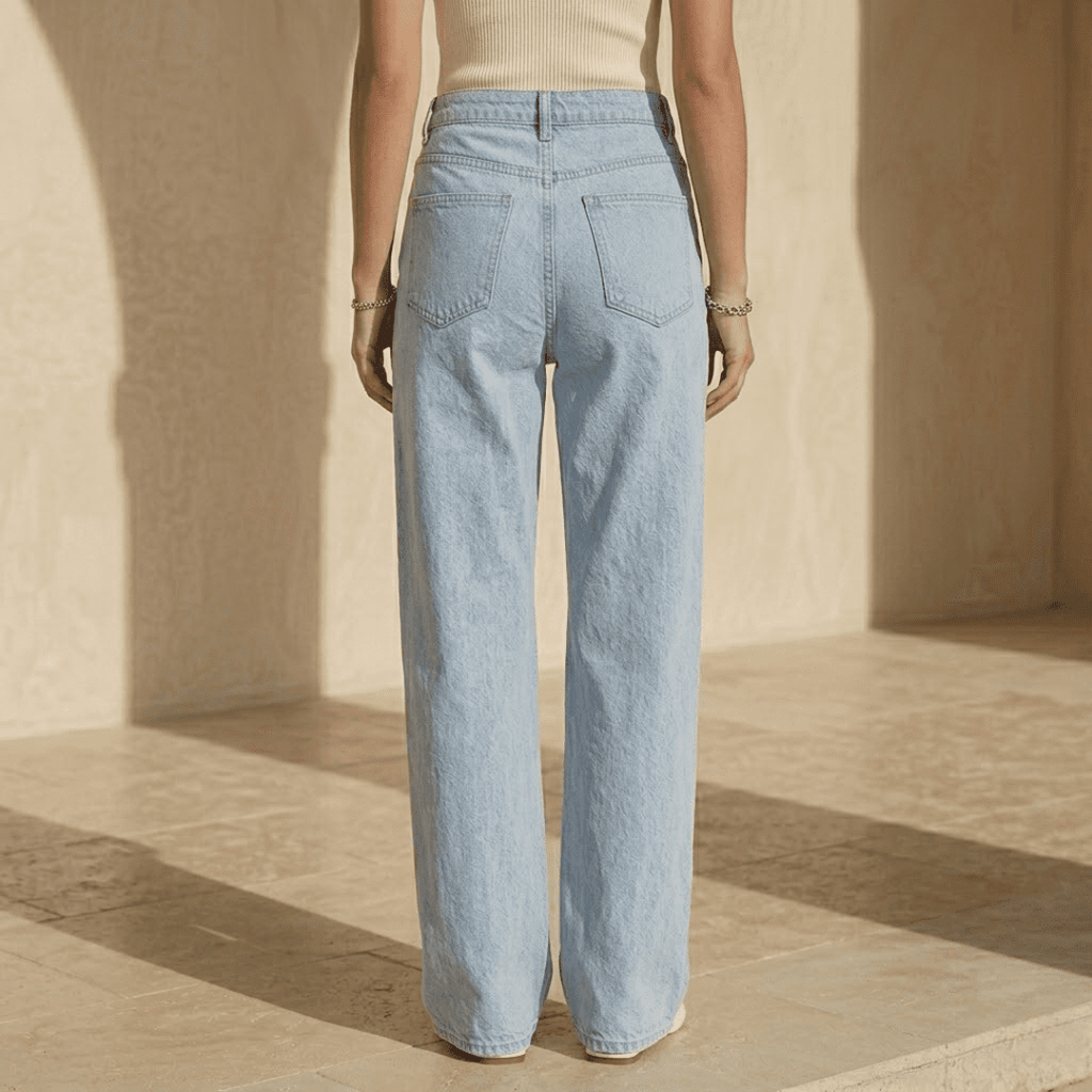 Women's high-waisted wide-leg denim jeans by Tammy Bradley, front view showing classic blue color and relaxed fit.