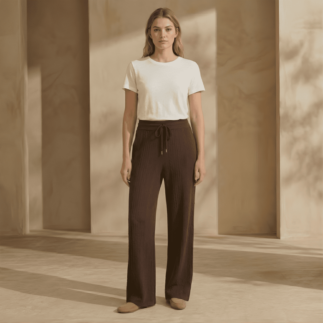 Women's cable-knit wide-leg lounge trousers by Tammy Bradley, showcasing cozy knit fabric and relaxed fit in a natural pose.