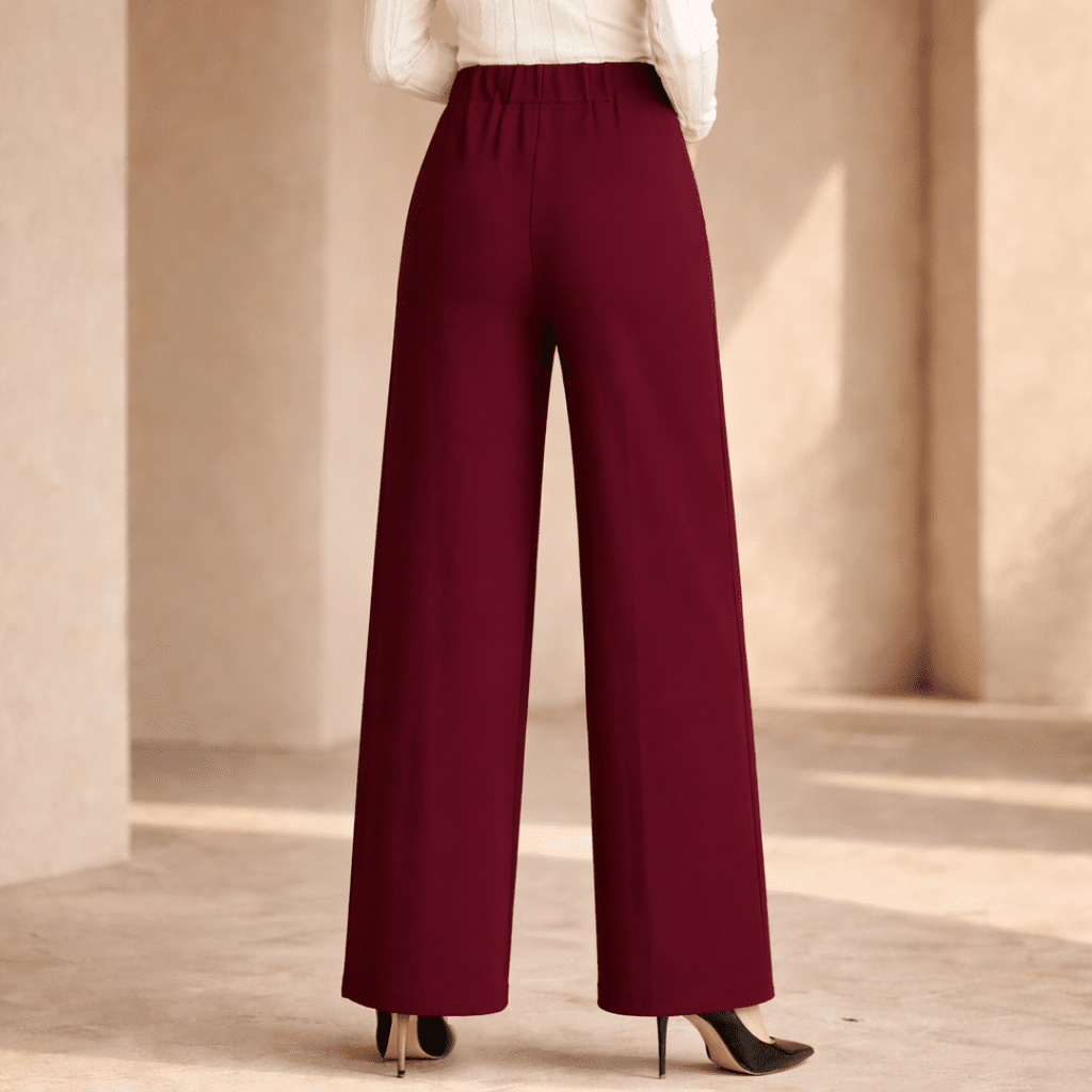 Women's high-waist wide-leg pants by Tammy Bradley, tailored fit, in a neutral fabric, shown on a model.