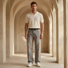 Pink floral baggy wide-leg denim jeans for men, stylish and comfortable My Store pants with relaxed fit and floral pattern.