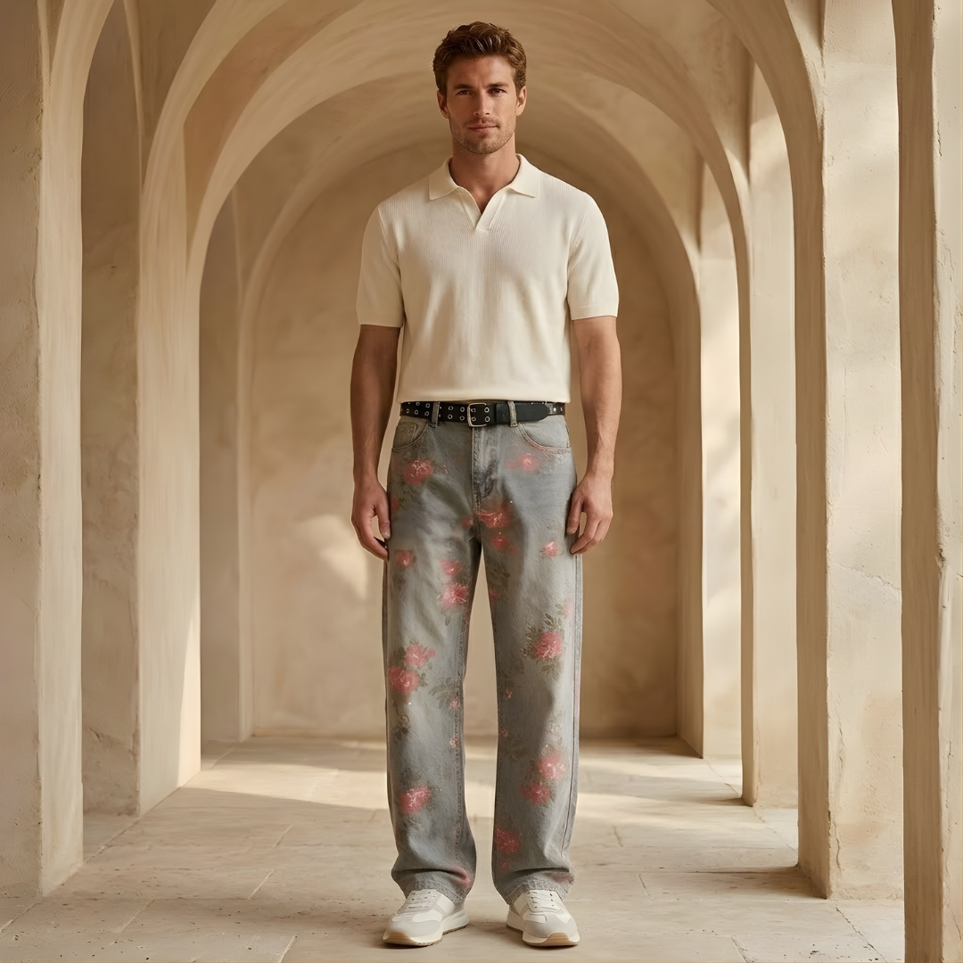 Pink floral baggy wide-leg denim jeans for men, stylish and comfortable My Store pants with relaxed fit and floral pattern.