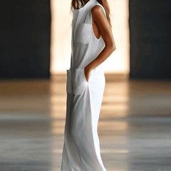 White linen sleeveless wide-leg jumpsuit for women, stylish and comfortable pants from My Store featuring a relaxed fit.