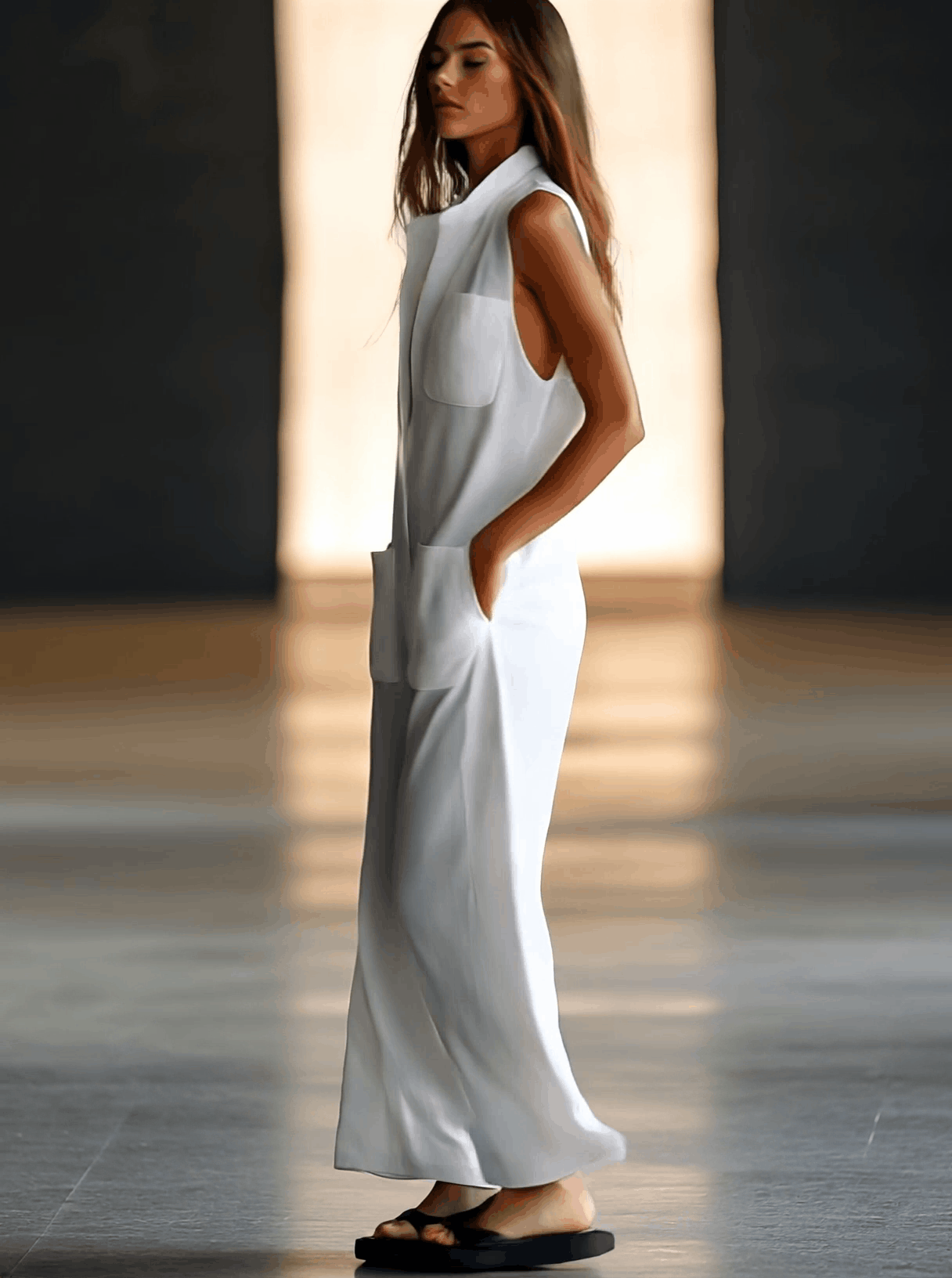 White linen sleeveless wide-leg jumpsuit for women, stylish and comfortable pants from My Store featuring a relaxed fit.