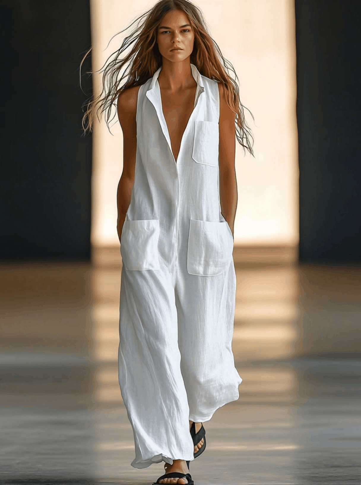 White linen sleeveless wide-leg jumpsuit for women, featuring a relaxed fit and stylish design, ideal for warm weather.