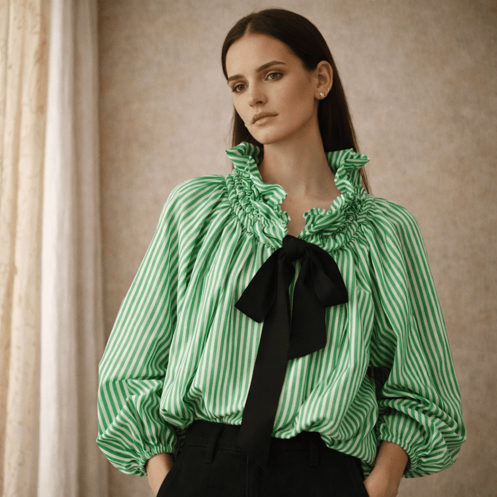 Gingham ruffle oversized long-sleeve blouse for women by Tammy Bradley, featuring a stylish checkered pattern and ruffled cuffs.