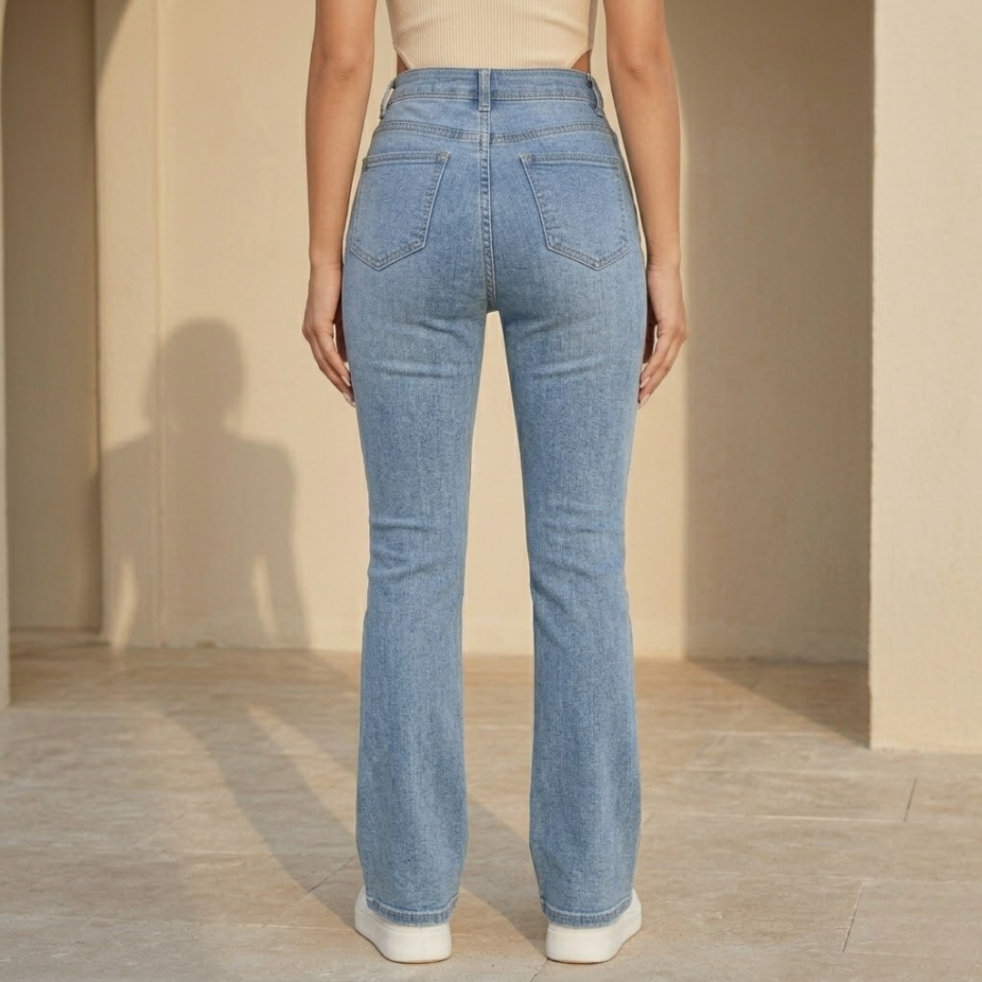 Women's high waist slim fit bootcut jeans made of cotton denim, showing the front view with classic five-pocket design.