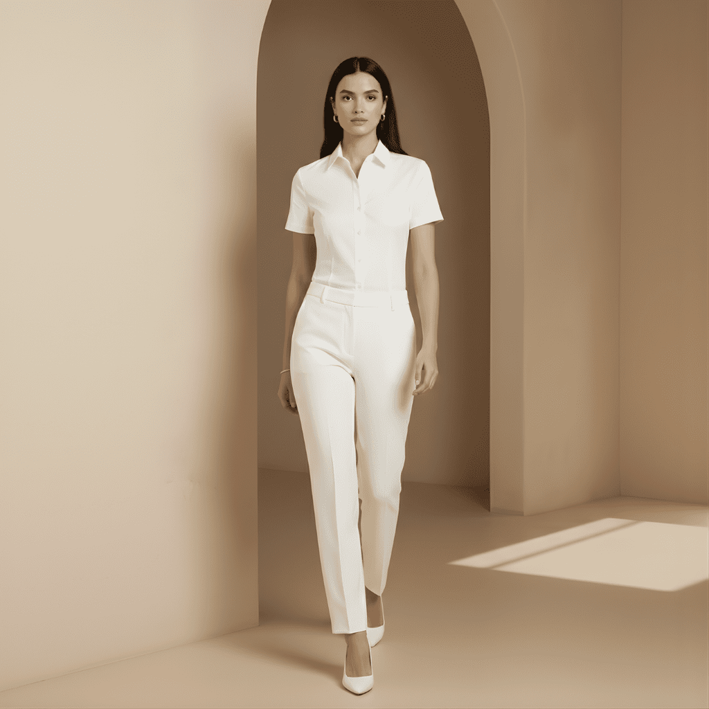 Light beige linen-blend short-sleeve loose-fit women's shirt by Tammy Bradley, shown flat with a relaxed fit and soft fabric texture.