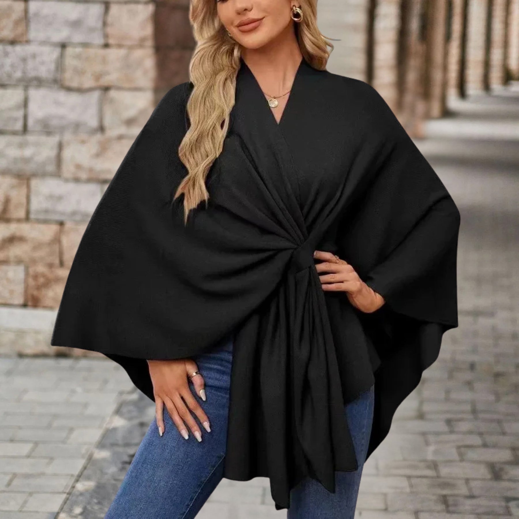 Poncho Sweater Women Draped Knot Detail Relaxed