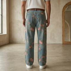 Unisex rose print wide-leg floral denim jeans for men, showing the colorful rose pattern on the wide-leg pants.