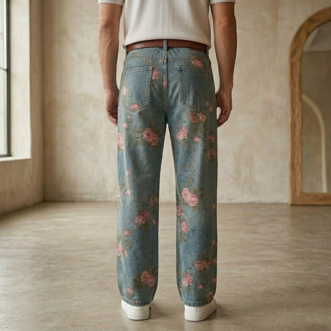 Unisex rose print wide-leg floral denim jeans for men, showing the colorful rose pattern on the wide-leg pants.