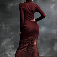 Burgundy lace maxi dress by My Store, elegant evening dress with intricate lace details and flowing silhouette.