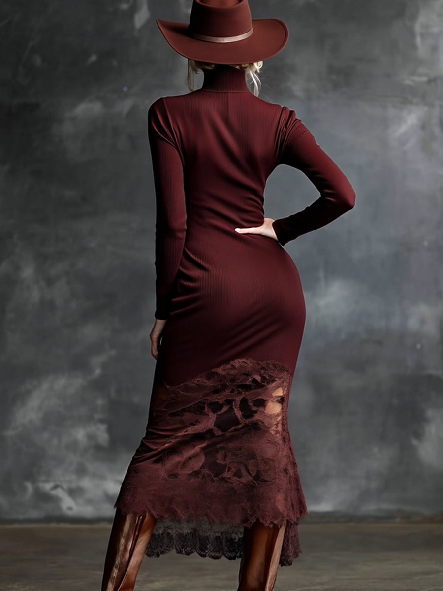 Burgundy lace maxi dress by My Store, elegant evening dress with intricate lace details and flowing silhouette.