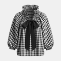 Tammy Bradley gingham ruffle oversized long-sleeve blouse for women, featuring a classic checkered pattern and ruffle details.