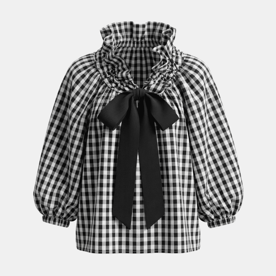 Tammy Bradley gingham ruffle oversized long-sleeve blouse for women, featuring a classic checkered pattern and ruffle details.