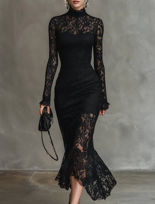 Black lace fishtail maxi dress from My Store, elegant evening dress with fitted bodice and flowing skirt, perfect for formal occasions.
