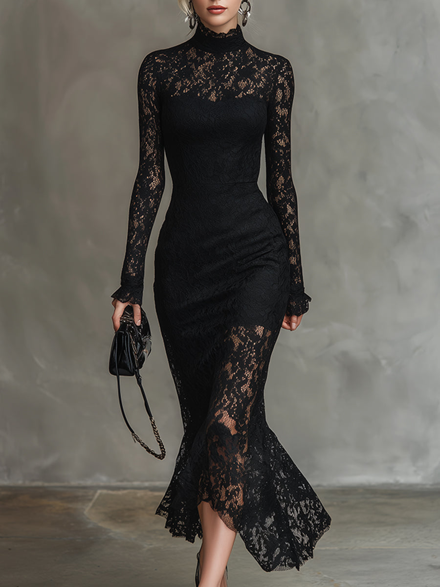 Black lace fishtail maxi dress from My Store, elegant evening dress with fitted bodice and flowing skirt, perfect for formal occasions.